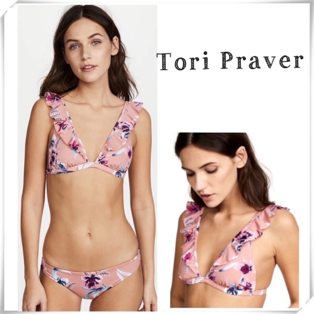 TORI Praver Adriana Floral Ruffle Triangle Bikini Top & Bottom in Bali Sky Pink